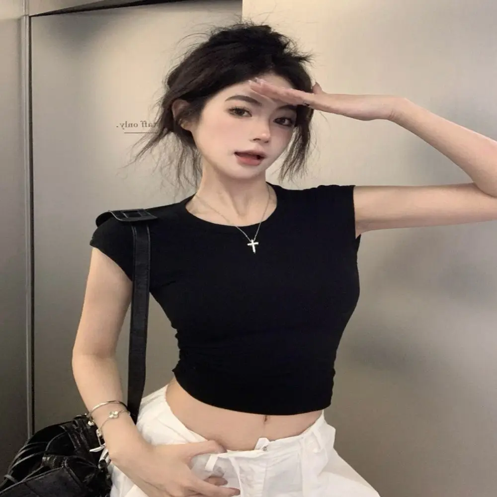 Mode uitgehold schoonheid terug T-shirt korte mouw Y2k slanke crop tops dieptepunt shirts ronde hals vest met pads zomer