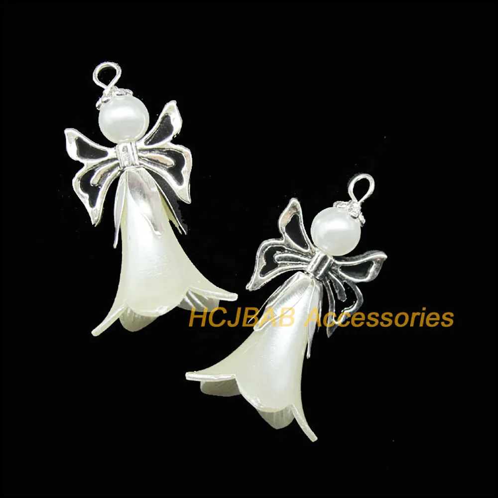 8 nowych czystych białych akrylowych aniołów Charms posrebrzane wisiorki z kwiatami Morning Glory 20x41mm — zdjęcie 3