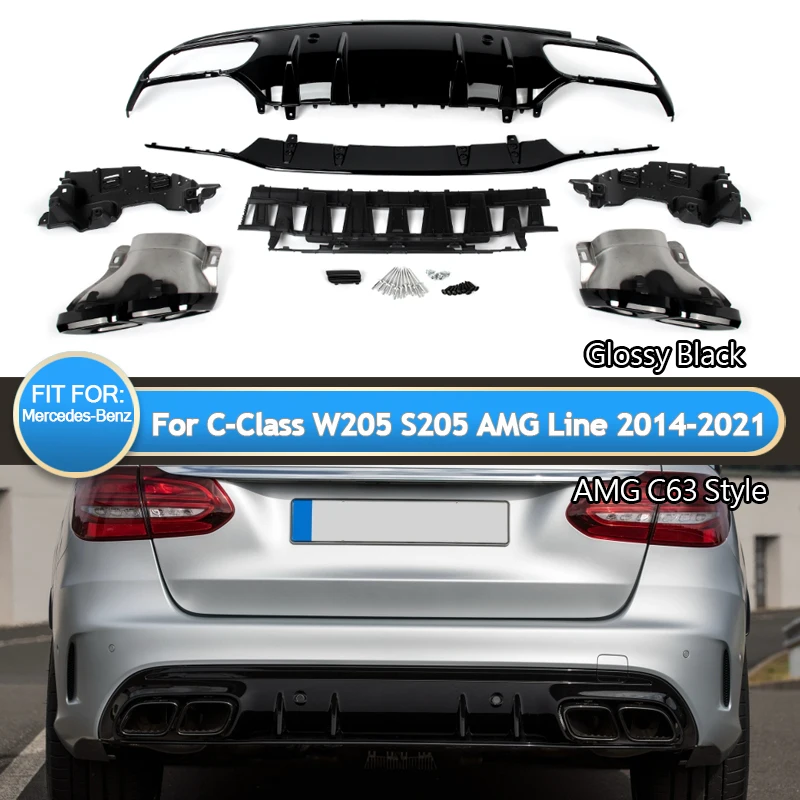 Rear Bumper Diffuser Lip for For Mercedes-Benz C-Class W205 Sedan AMG-Line Diffuser with Exhaust Tips Bumper Protection 2014-21