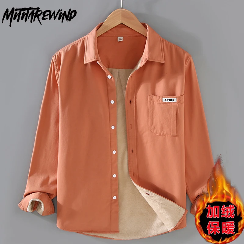 

New Mens Winter Shirts Japan Vintage Warm Cargo Shirt Men Lapel Pockets Fleece Orange Shirt Casual Cotton Workwear Thicken Tops