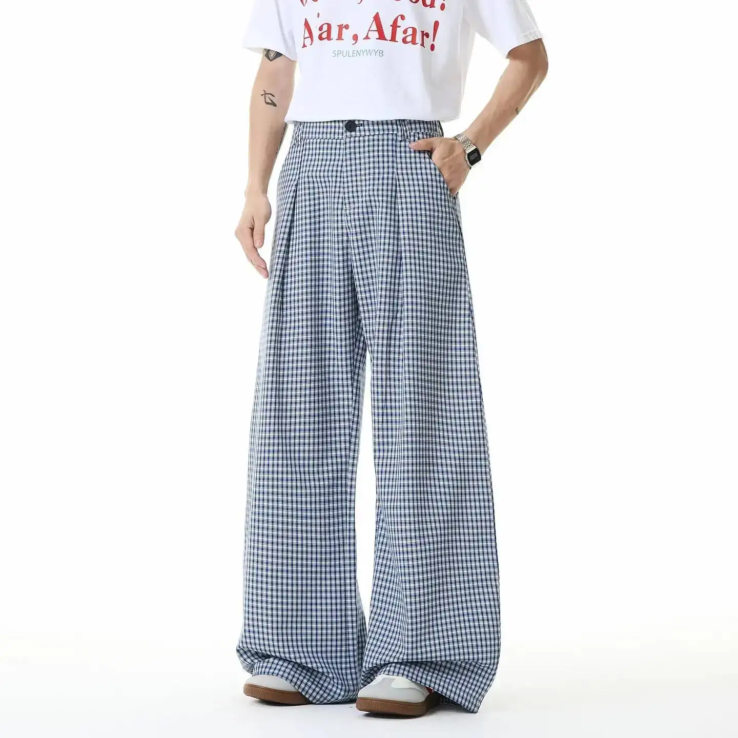 Old Money Style Men's Casual Blue Plaid Trousers Pleated Design Summer New Lightweight Relaxed Loose Wide Leg Pants 9XEF6W