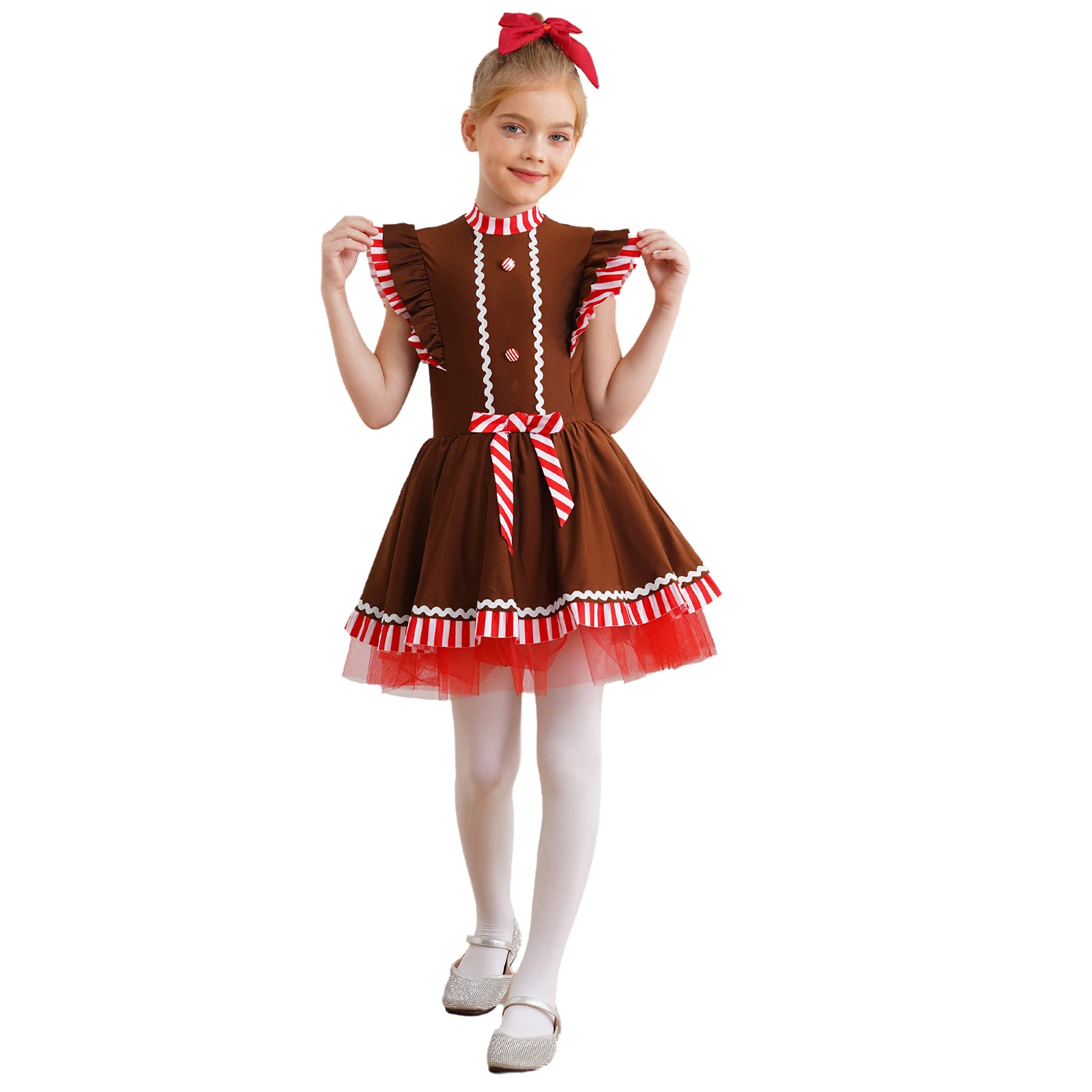 Girls Christmas Gingerbread Man Costume Bodysuit Stripes Ballet Tutu Dance Dress for Fancy Dress Party Stage Performance Costume