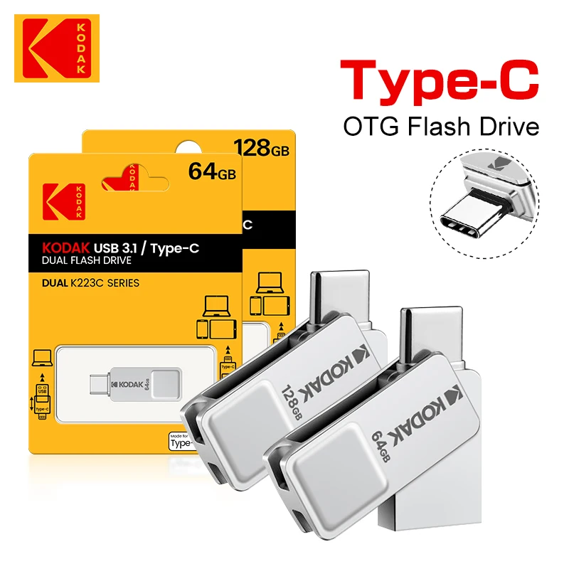 

KODAK Metal 3.1 USB-C Flash Drive 360° Rotating 64GB-128GB 2-in-1 USB-A & USB-C High-Speed External Storage, for Data Transfer