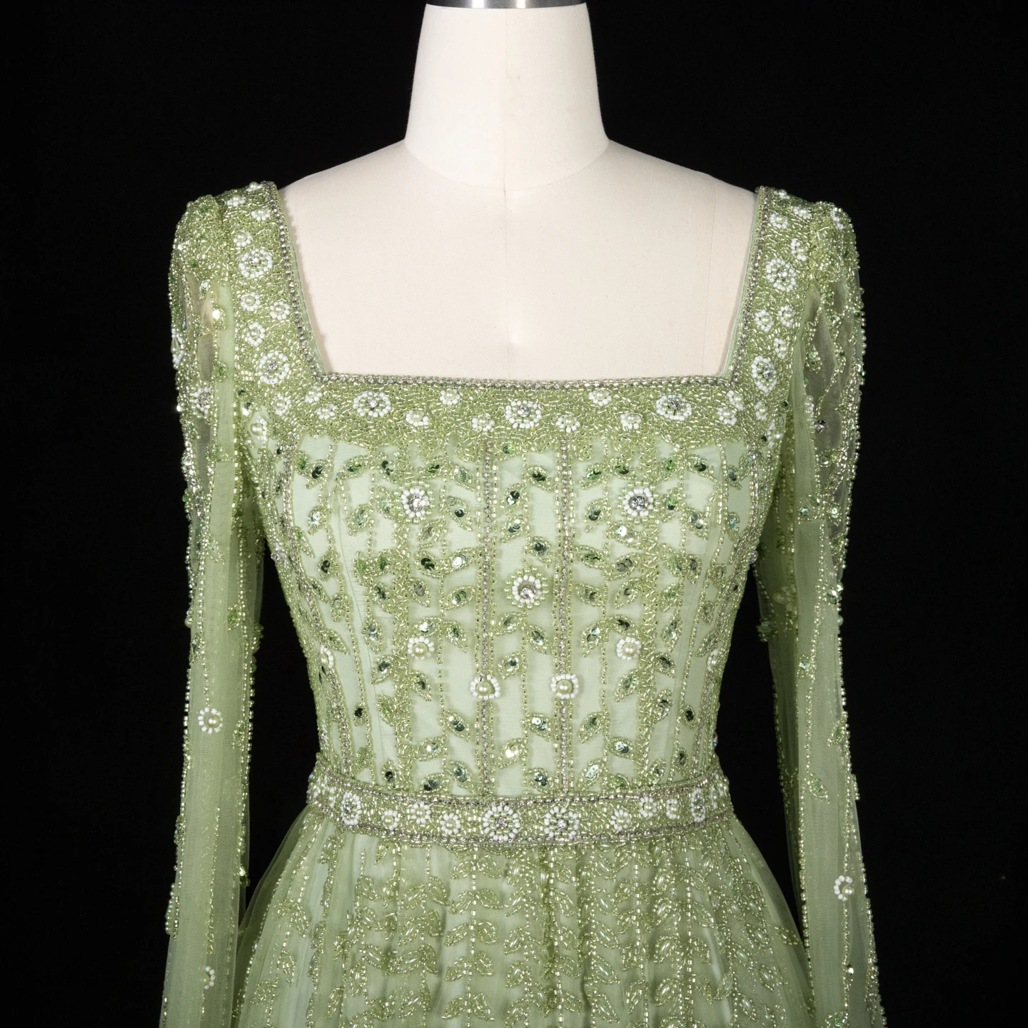 Sharon Said Luxuriöses Flieder-Champagner-Abendkleid mit Quadratischem Ausschnitt und Ärmeln, Rosa Muslimisches Abendkleid für Hochzeitsfeier, SS494 Maßanfertigung – Detail 11