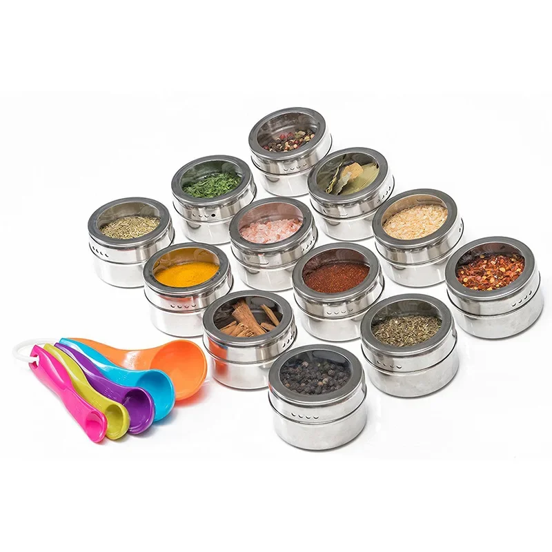 Magnetic Spice Jar Set with Labels Stickers Stainless Steel Base Spice Container Organizer Pepper Seasoning Pot Sprays Tin