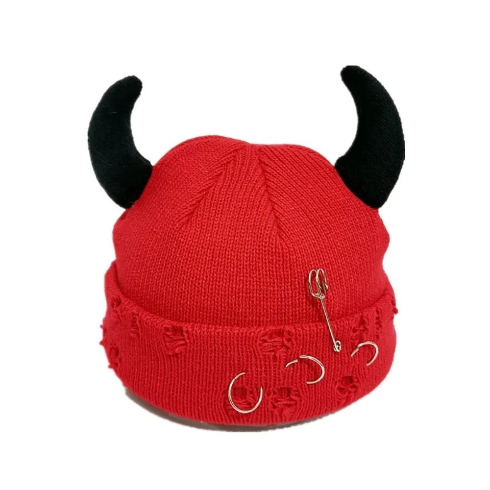 Casual Yarn Devil Horns Hat Solid Color Adjustable Winter Pullover Cap Warm Harajuku Knitted Beanie Autumn/Winter