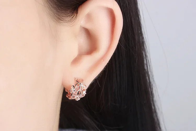 925 Silver Rose Gold Clear CZ Five Petal Flower Huggies U Shaped Earring Anti-Allergic Jewelry For Woman Children Girl Baby Kid