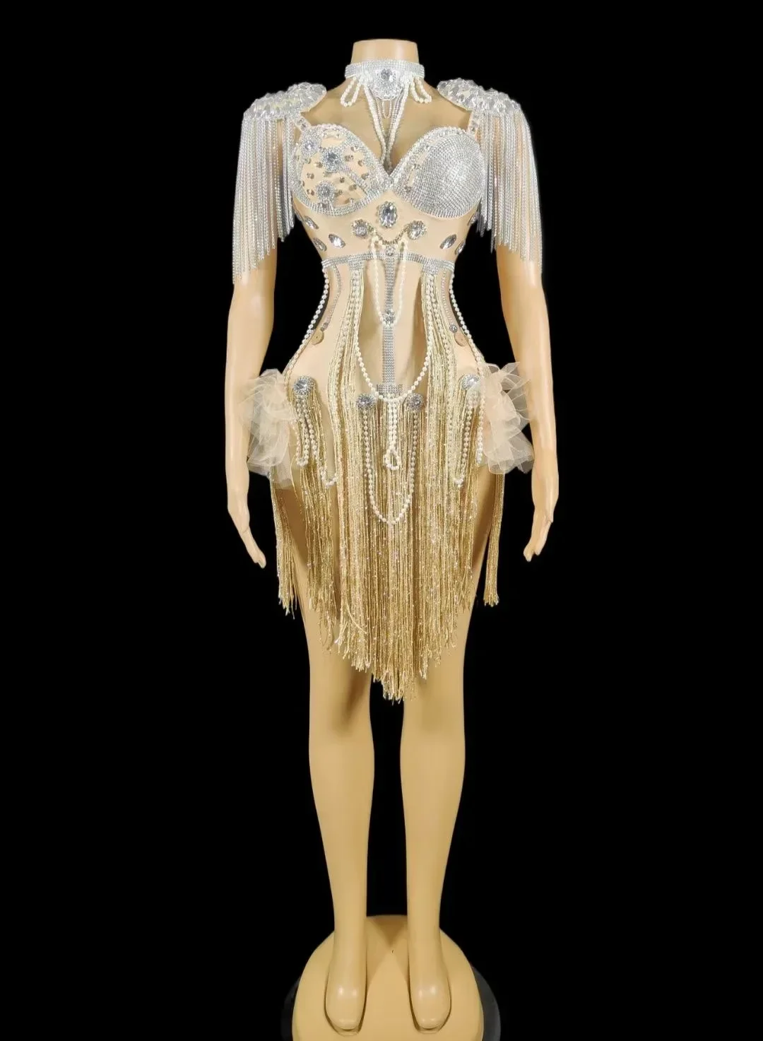 Anniversaire brillant perle perceuse gland femmes cristaux strass body scène chanteur porter Performance Costume Drag Queen tenue