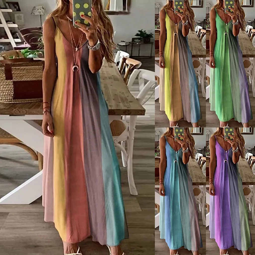 

Colorful Stripe Slip Long Dress Women Corset Midi Female Dress Beach Backless Dress Women Thin Straps Summer Womens Dresses