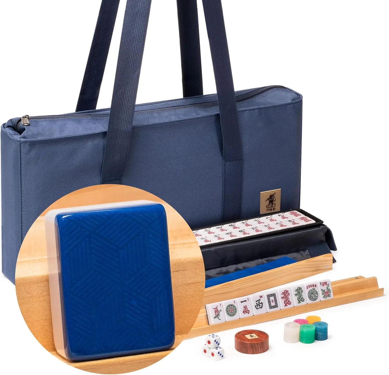 

American Mahjong Set, Indigo Tides - Blue Soft Case, 4 Racks with Pushers, Scoring Coins, Dice, Wind Indicator