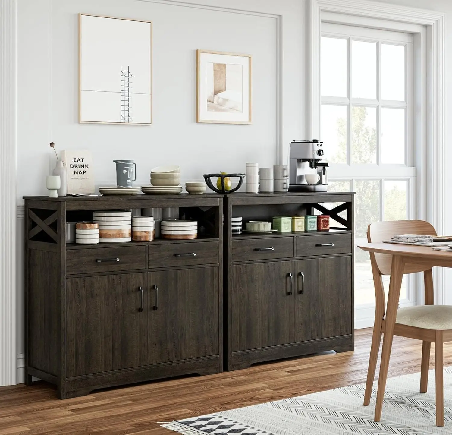 

Modern Farmhouse Buffet Sideboard, Kitchen Storage Cabinet with Shelves and Doors, Wood Buffet Cabinet with Drawers