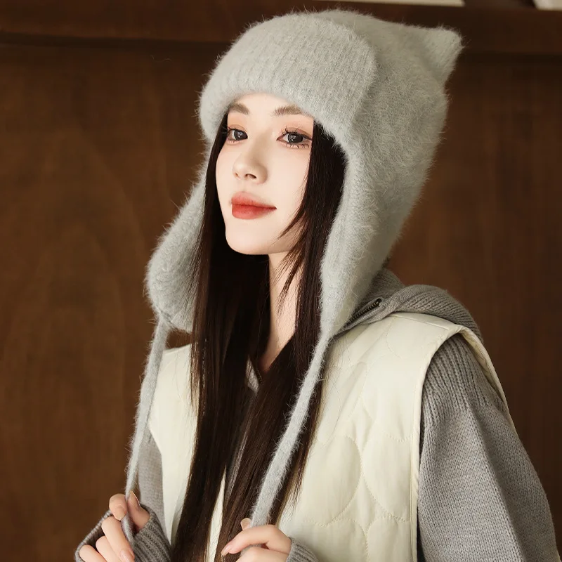 Hat Earflap Women Winter Angora Knit Beanie Ears Design Double Layer Warm Soft Accessory For Autumn Outdoor Sports Cold Weather