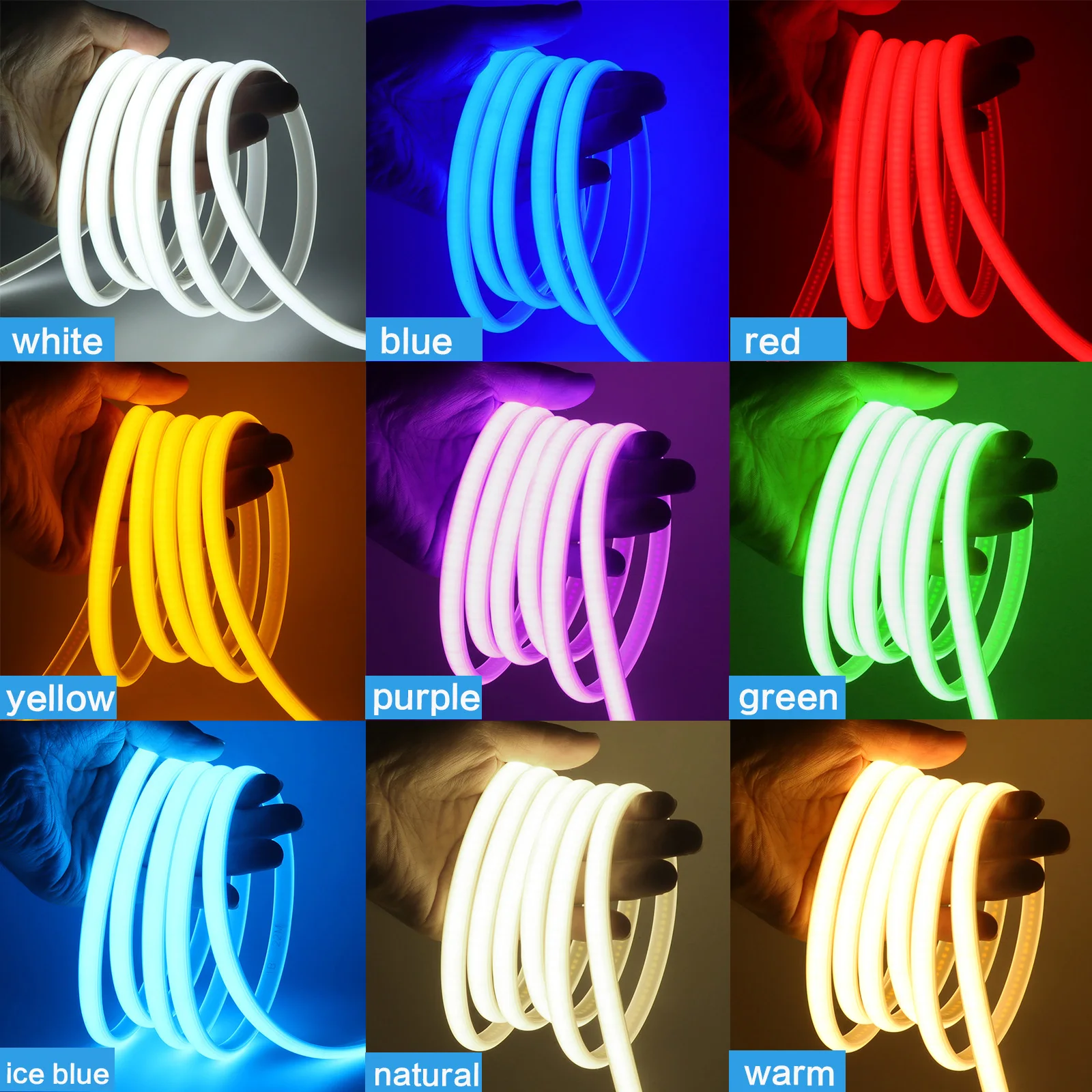 220V COB Neon Strip 288LEDs/m Purple White Blue Red Green IP67 Waterproof Ribbon Light With Switch EU Plug Lighting Garden/Home