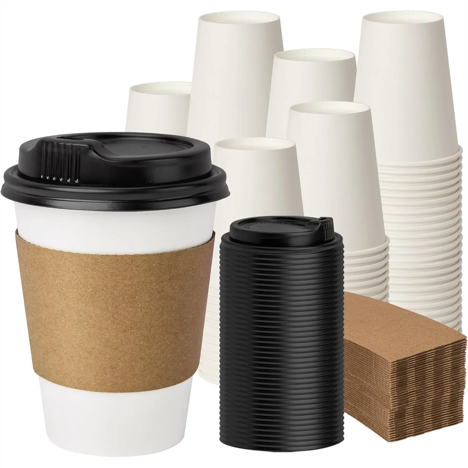 

100 Pack 12 oz Disposable Coffee Cups with Lids and Sleeves, To Go Paper Cups for Hot Drinks