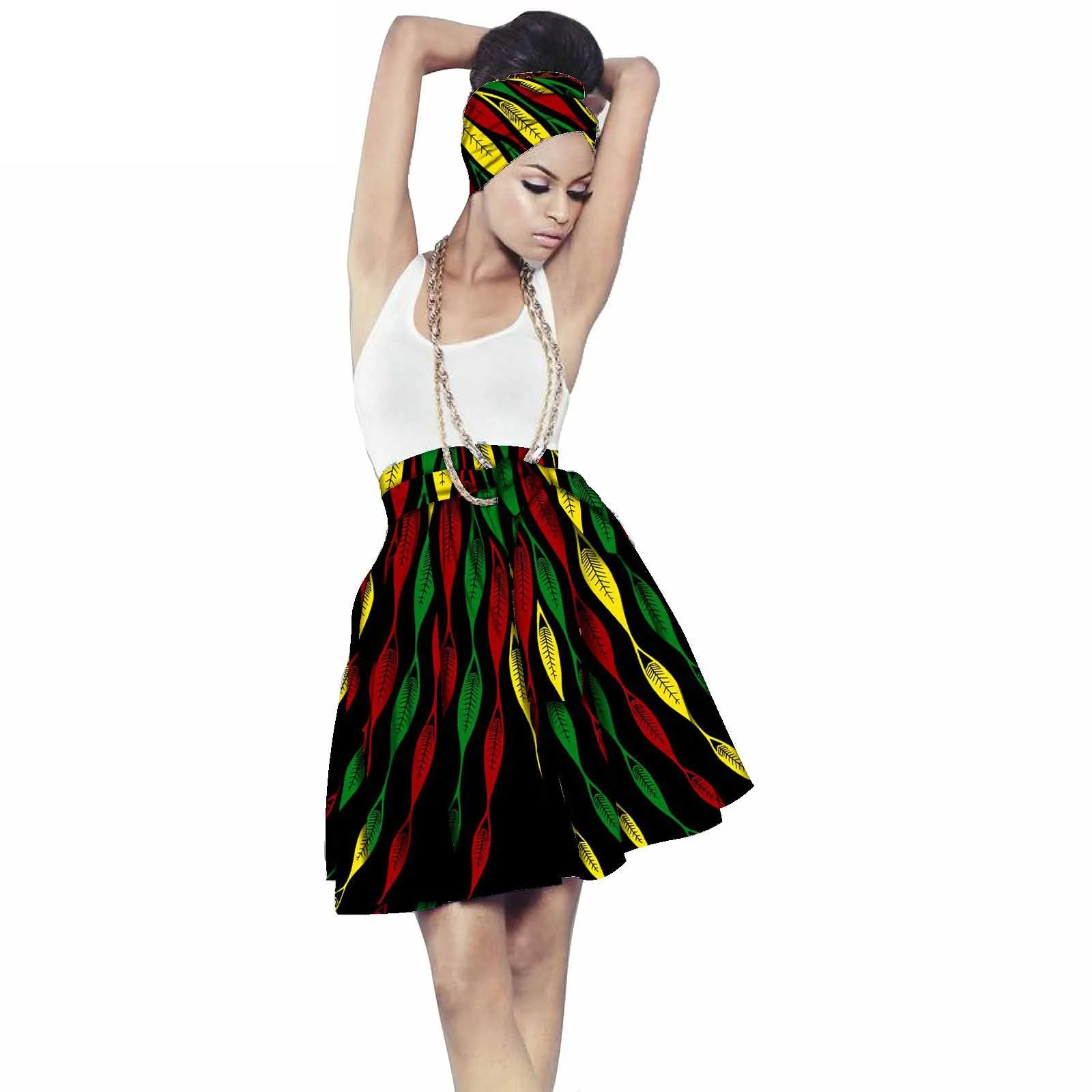 

Dashiki African High Waist Ball Grown Short Skirt Bazin Riche African Skirt and African Headscarf 2 Pieces Lady Maxi Long Skirt