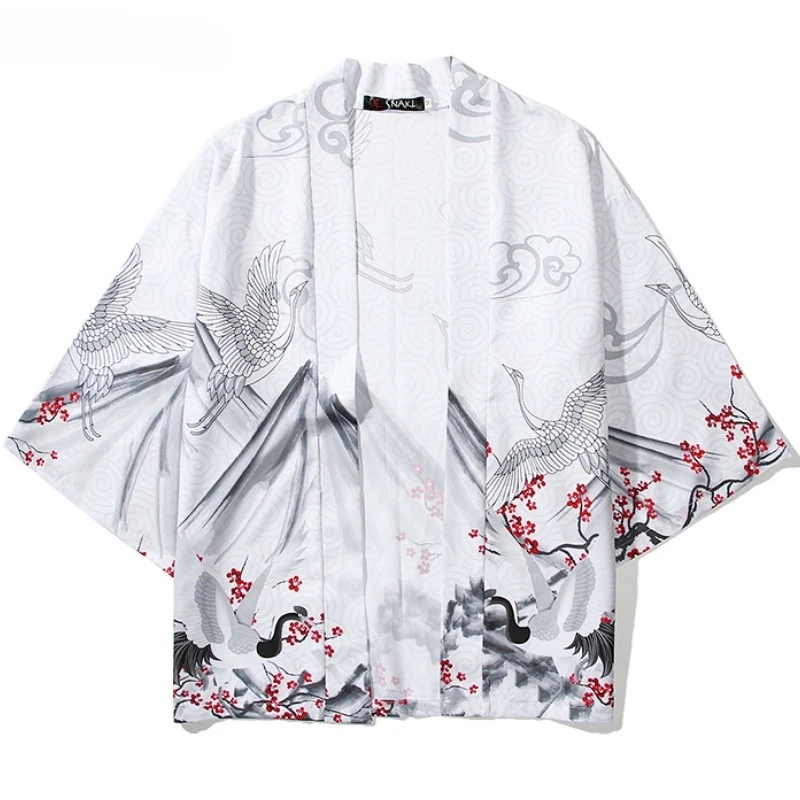 Bebovizi ماركة الأبيض كرين موضة كيمونو اليابانية الرجال النساء الأزواج ارتداء فضفاض Harajuku اليابان الكيمونو رداء تأثيري بلوزة بلايز