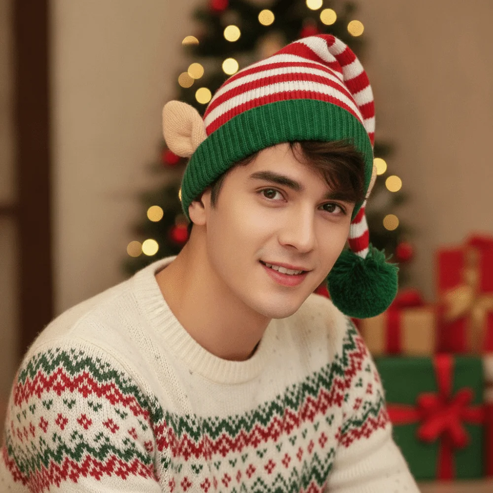 Xmas Costume Headpiece Knitted Christmas Beanie Warm Contrast Color Pointed Pom Bonnet Cute Novelty Elf Knit Hat Gathering