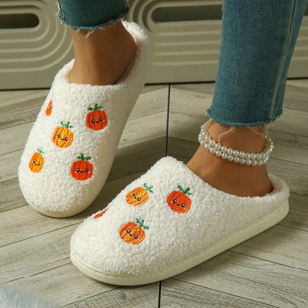 Non-Slip Soft Halloween Plush Slippers Cute Warm Ghost Pumpkin Slippers Lovely Thick Sole Winter Fluffy Slides Halloween view 2