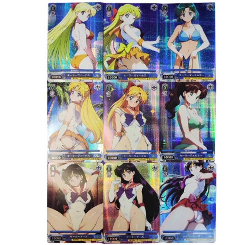 9 unids/set Sexy Anime Girl tarjetas Flash Sailor Moon Tsukino Usagi Mizuno Ami Hino Rei Kino Makoto Aino Minako tarjetas de juego de colección