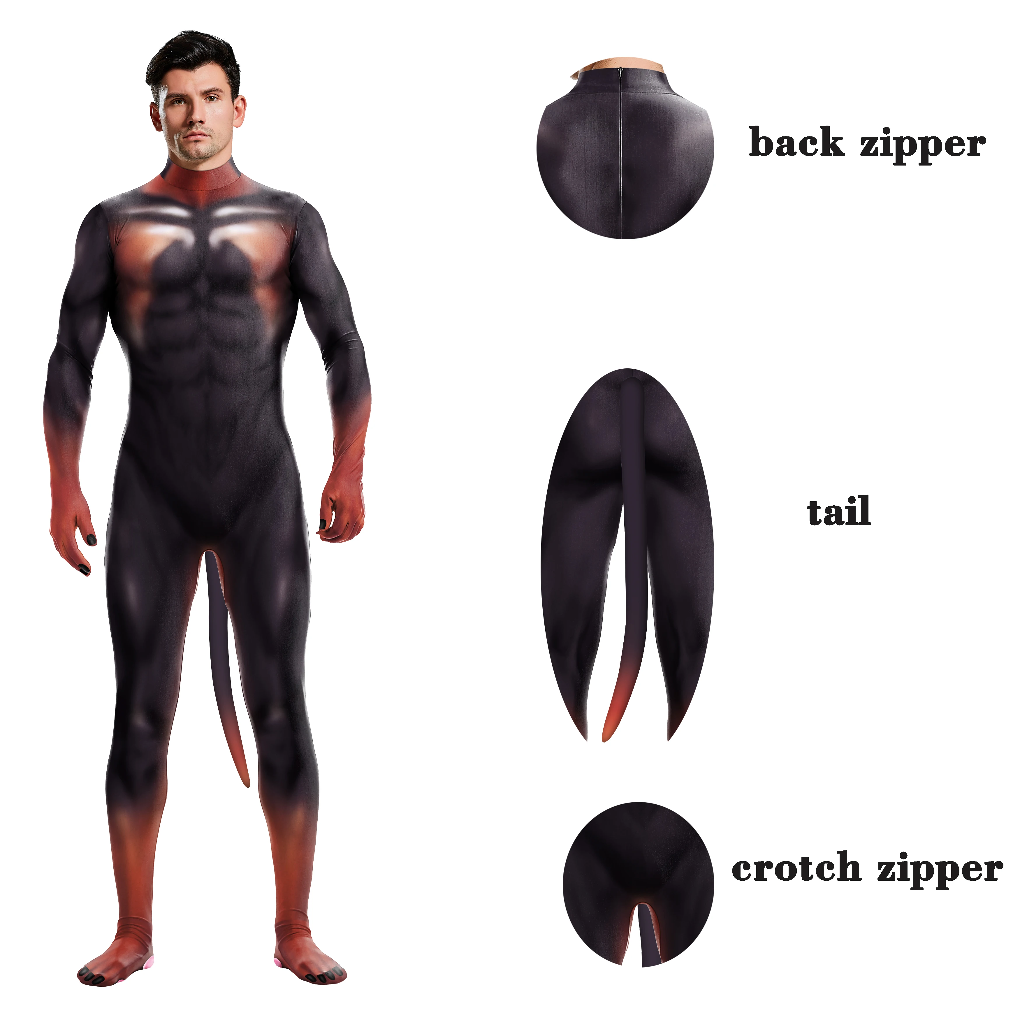 Catsuit animal com cauda, bodysuit zentai, trajes cosplay inteiros, roupa fitness, festa de carnaval de Halloween, cor