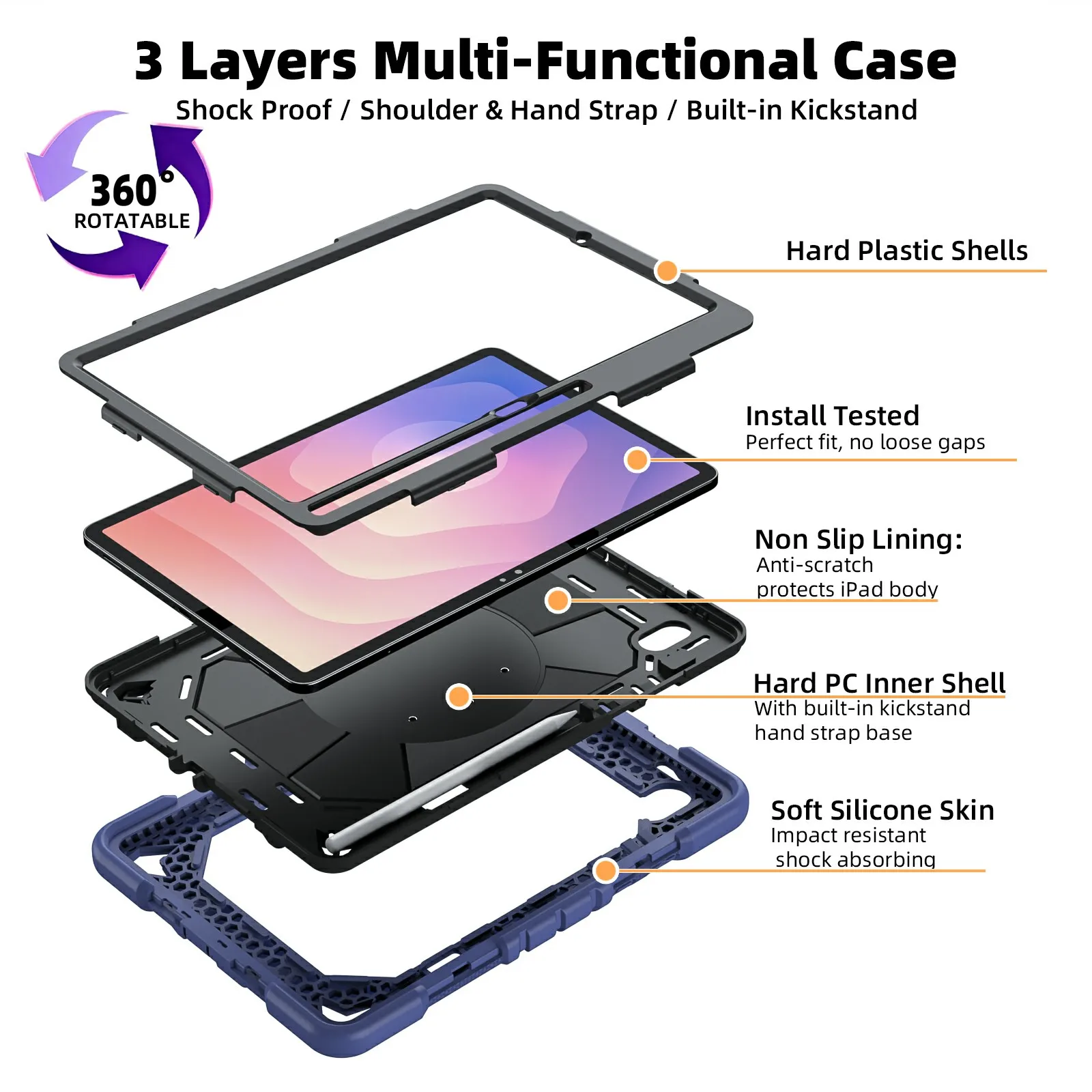 For Samsung Galaxy Tab S11 Case with Kickstand Wrist Strap PC + Silicone Tablet Cover - Navy Blue+Black