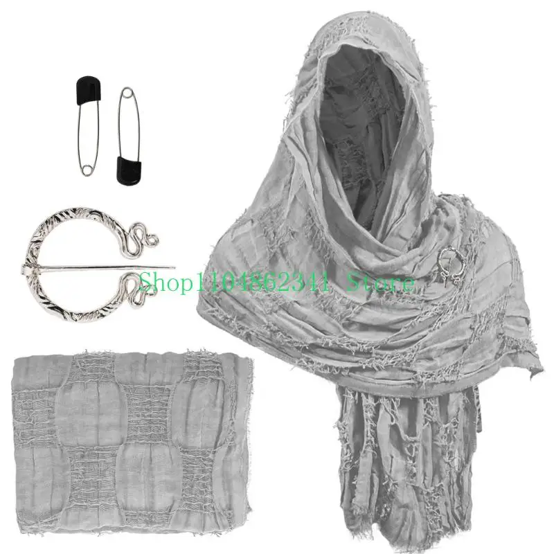 

5asd Renaissant Festival Scarf Cloak With Pin Medieval Waste Land Costume Accessory Cotton Blend Distressed Wizard Shawl Wrap