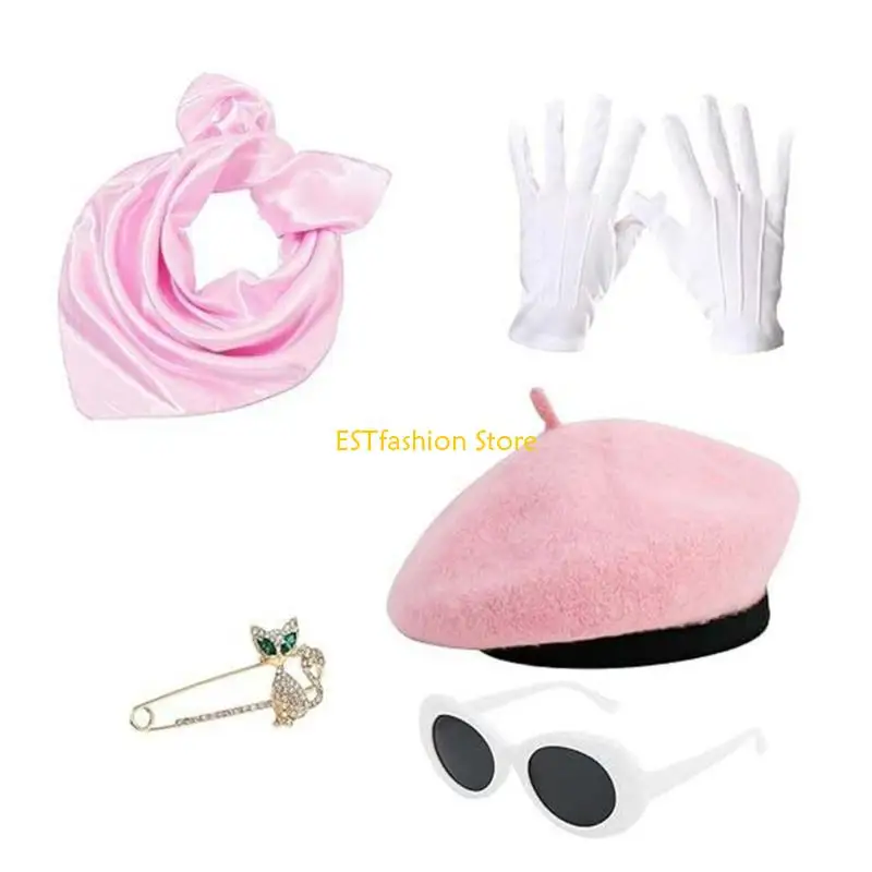 Y5gc conjunto fantasia francesa anos 80, boina feminina francesa, acessórios fantasia, óculos ovais, cachecol e