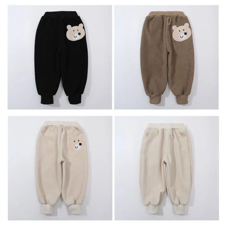 Boys Girls Winter Velvet Pants Kids Cute Bear Cartoon Trousers Children Mid Waist Thick Plush Pantalones Toddler Baggy Bottoms