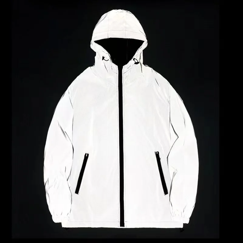 New night reflective jacket Double layer fabric windbreaker hooded jacket for men Hip-hop fashion waterproof zipper jacket
