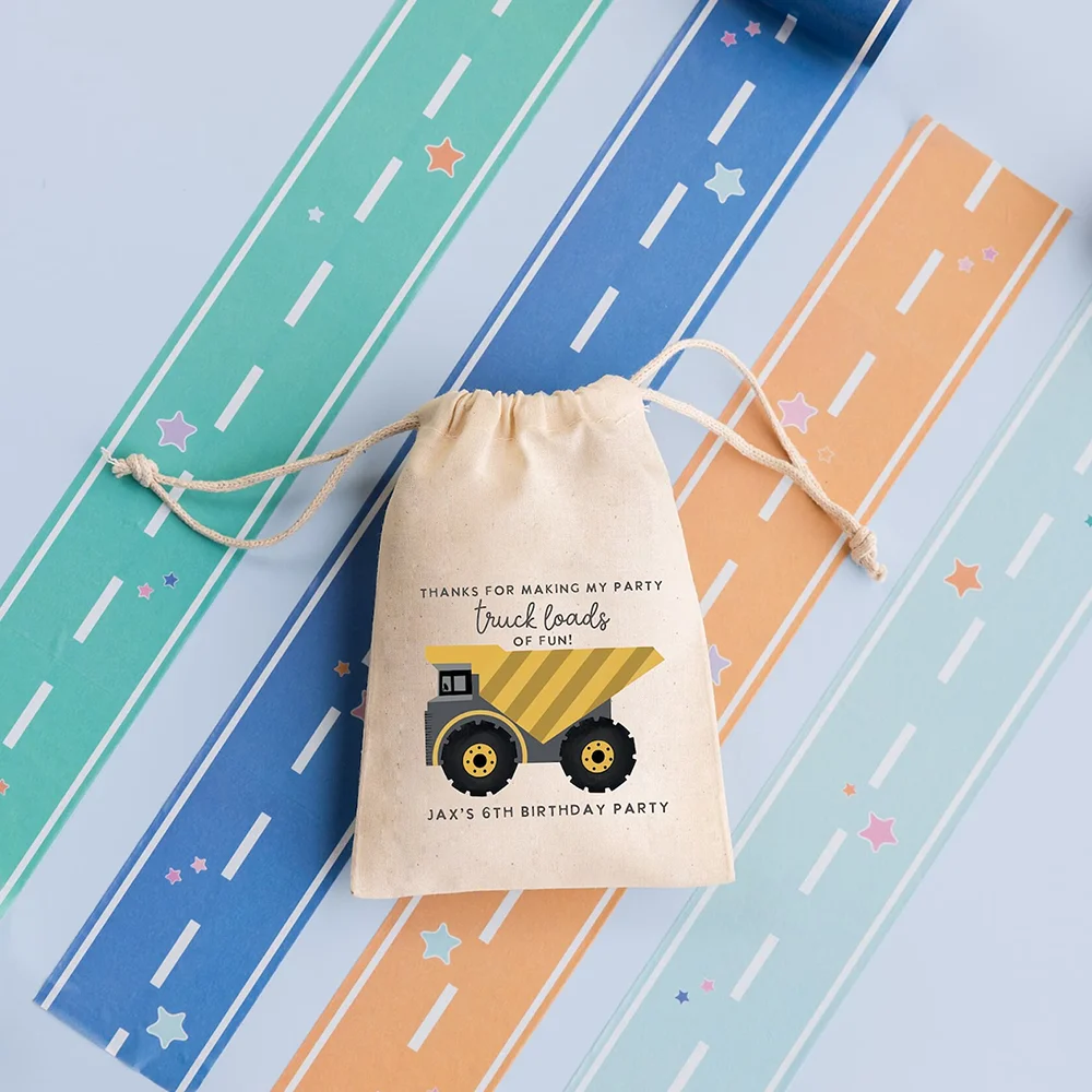 

Custom 5Pcs Birthday Gift Bag Truck Loads of Fun Canvas Drawstring Bag Kids Favor Birthday Party Decor Supplies Baby Shower Gift