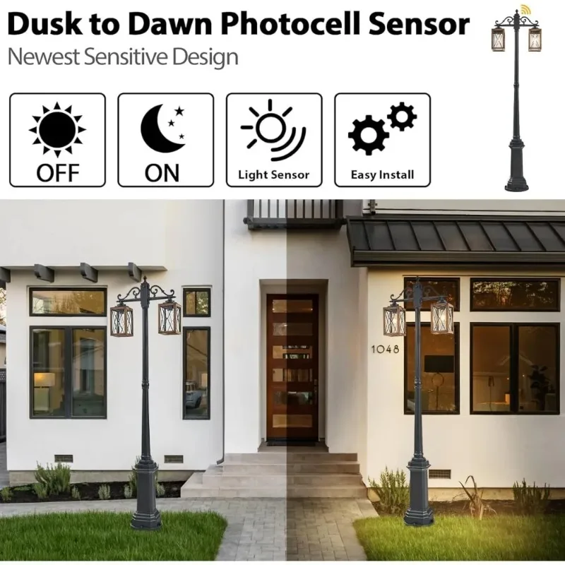 أثاث الحدائق تصميم مبتكر من الغسق إلى الفجر أضواء عمود المصابيح الخارجية مع منفذ GFCI، ضوء شارع المزرعة برأس مزدوج
