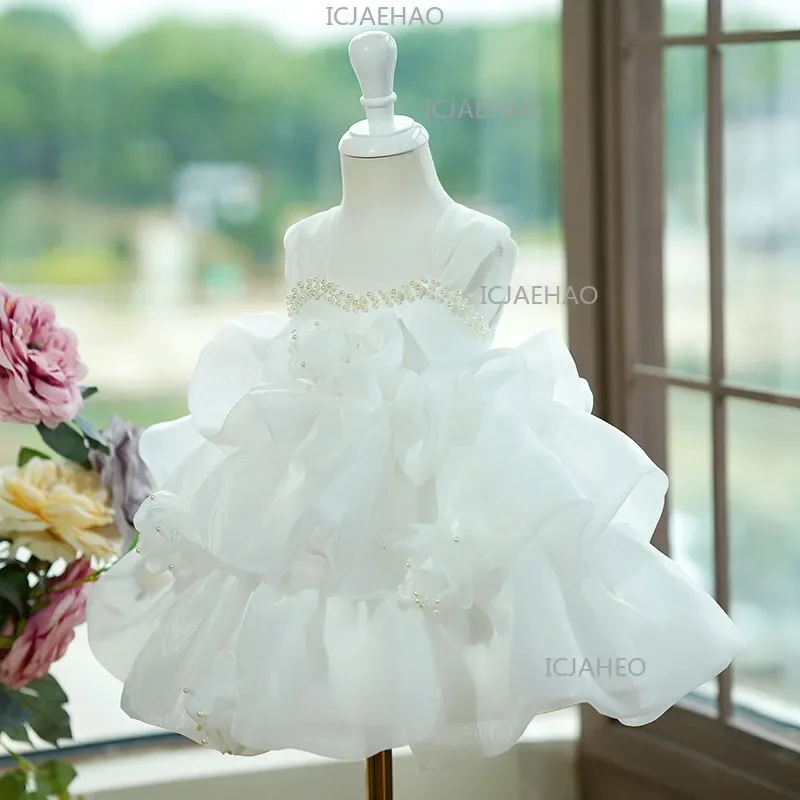 Kids Formal Princess Dress Costume Children Birthday White Flower Piano Performance Pageant Outfit Girl Evening Gown Host Runway