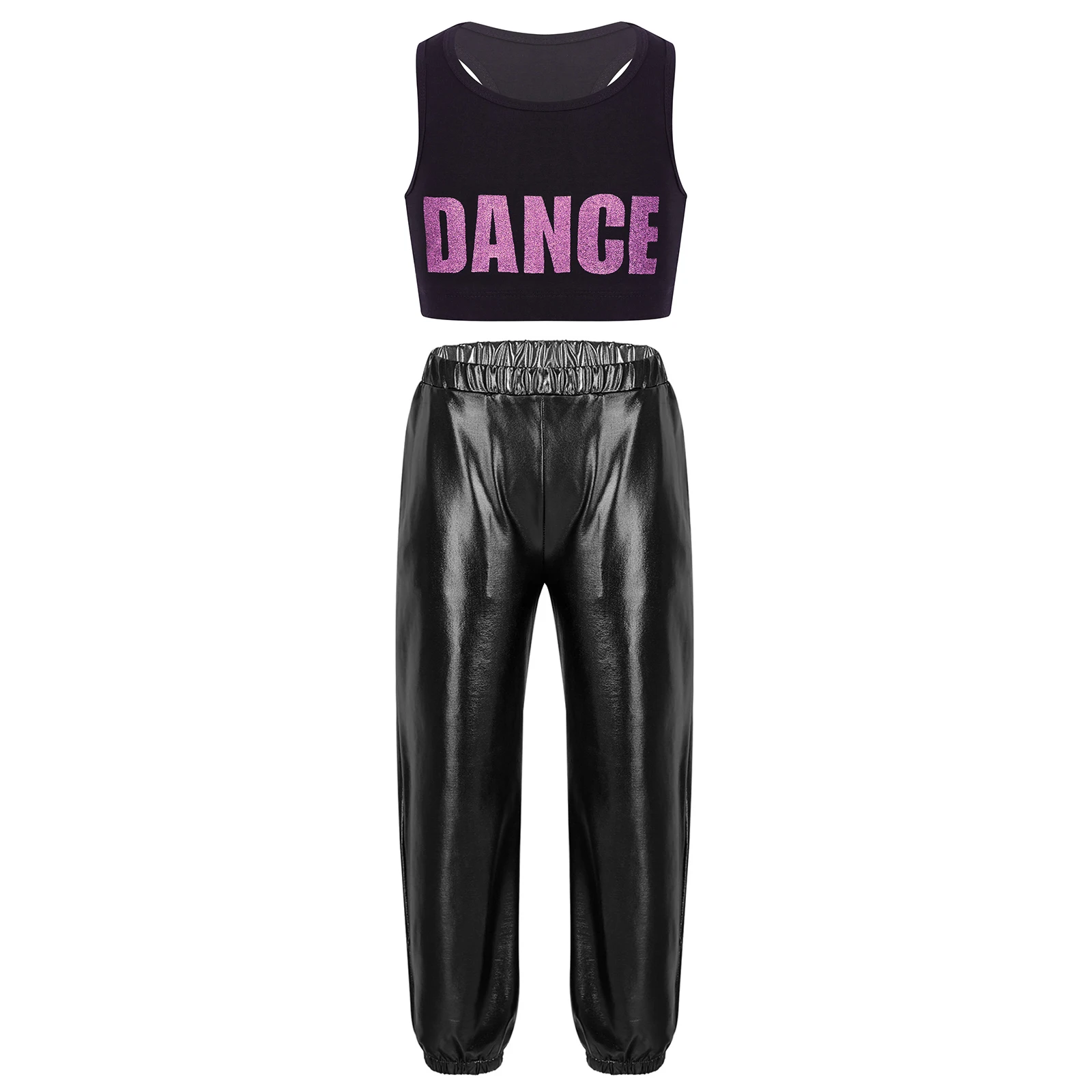 Kinder Mädchen ärmellose Jazz Tanz kleidung setzt zwei Stücke glänzende Buchstaben gedruckt Crop Top Metallic Hosen Performance-Kostüme