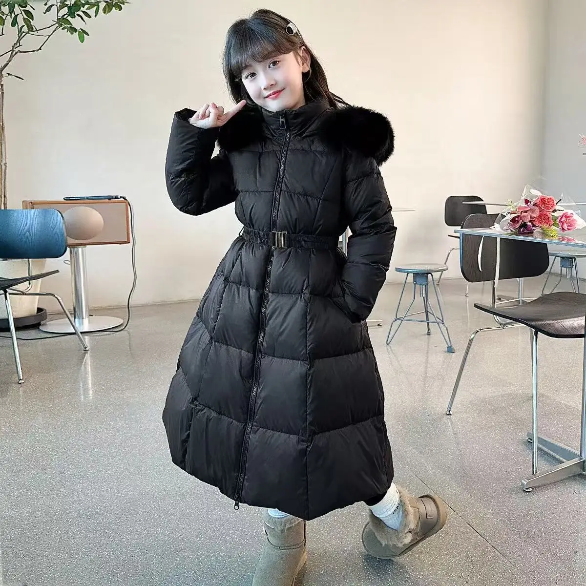 Children Mid-length Warm Down Jacket Girls Padded Coat Cotton Jacket Fashion Big Fur Collar Snow Clothing For Kids 120-170CM