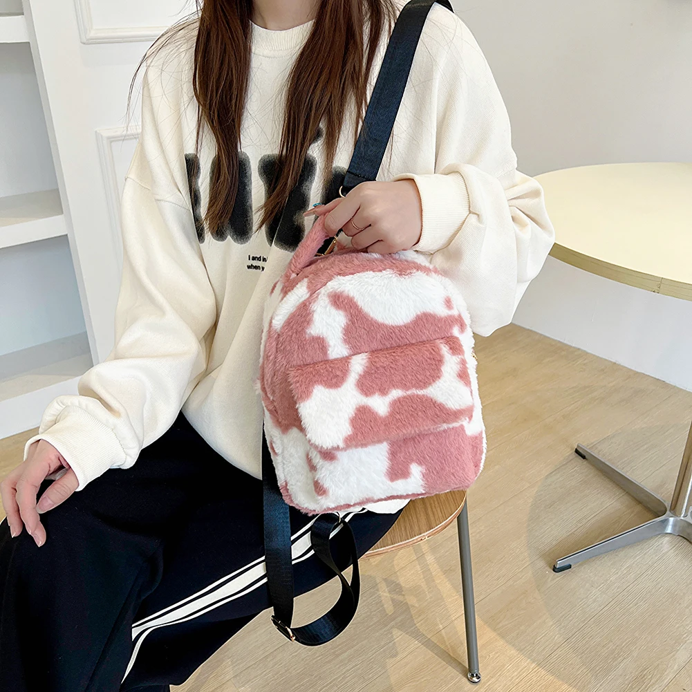 Cartoon Plush Mini Mochilas Milk Cow Pattern Small Backpacks Japanese Aesthetic Schoolbag Kawaii Fluffy Rucksack for Girls&Women