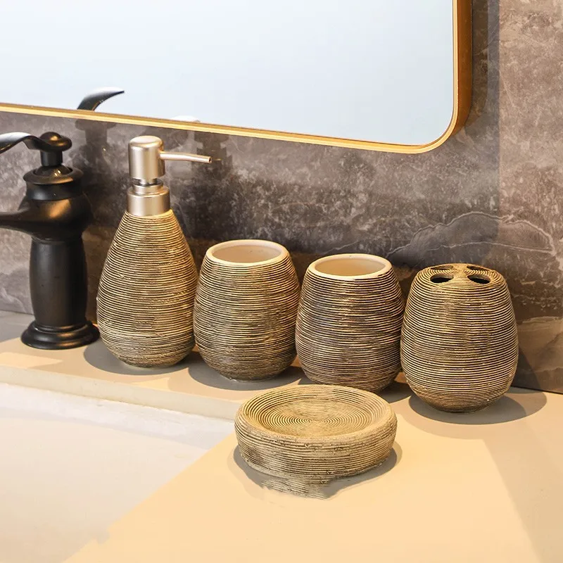 

Retro Brushed Ceramic Five Piece Bathroom Set Handmade Toiletries bathroom Supplies Kit Wedding