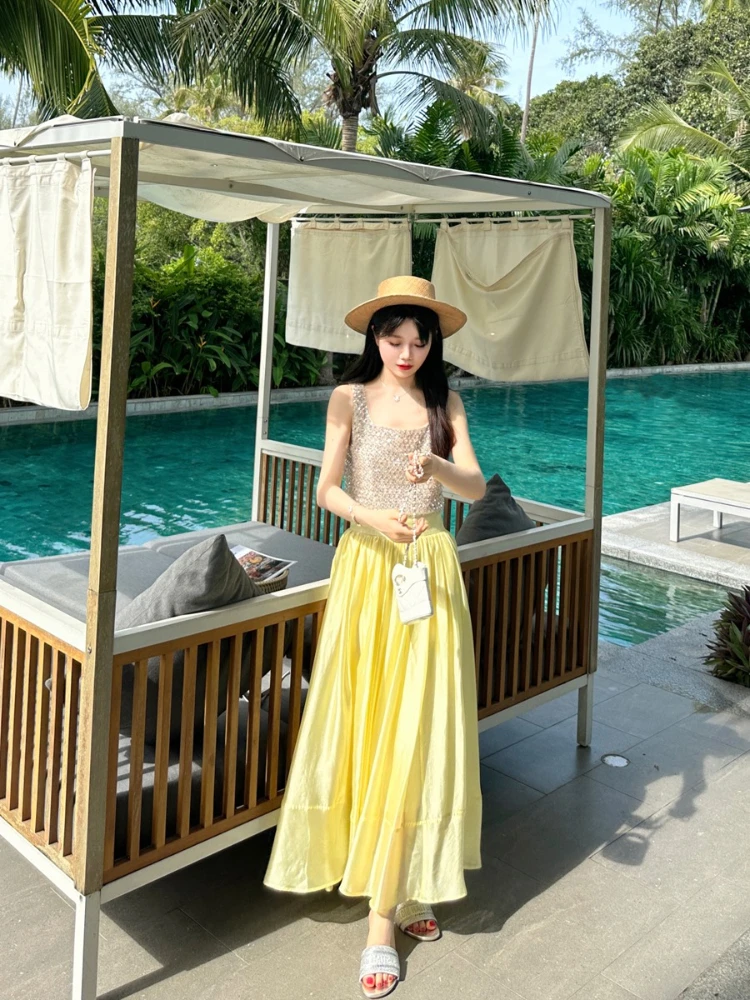 Été 2025 nouvelle industrie lourde paillettes débardeur taille haute jupe longue haut tendance et jupe élégant deux pièces ensembles