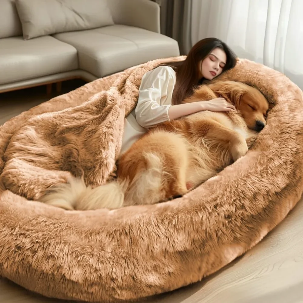 

72"x48"x11" Dog Bed with Washable Fluffy Faux Fur Cover, Soft Blanket, Large Dogs Bean Bag Beds for Families, Giant Dog Bed