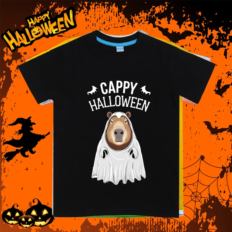 

Cappy Capy Halloween Capybara Kawaii Ghost Halloween children's clothing kids T-shirt boys girls personality short sleeves