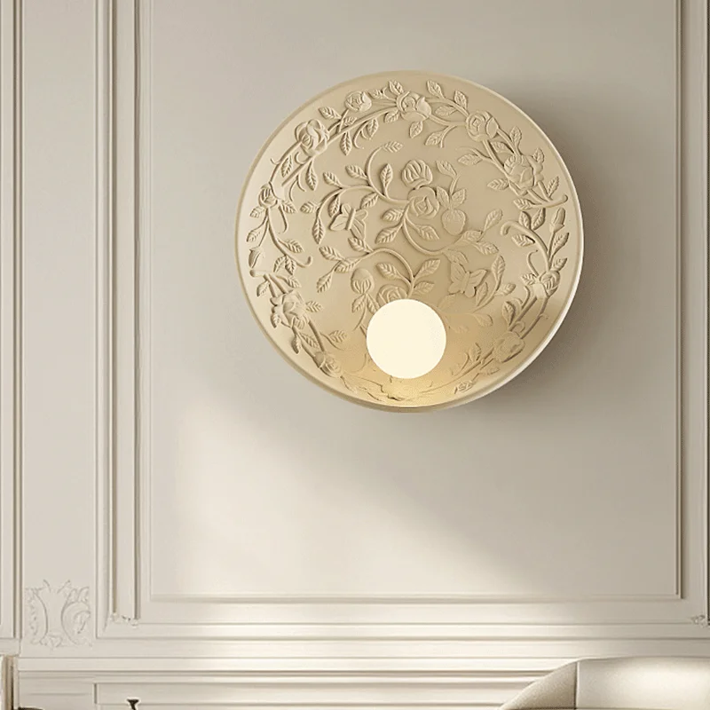 French Circular White Bedside Wall Lamp Bedroom High-end Retro Round Living room Sconce Milk White Glass Lampshade Light Fixture