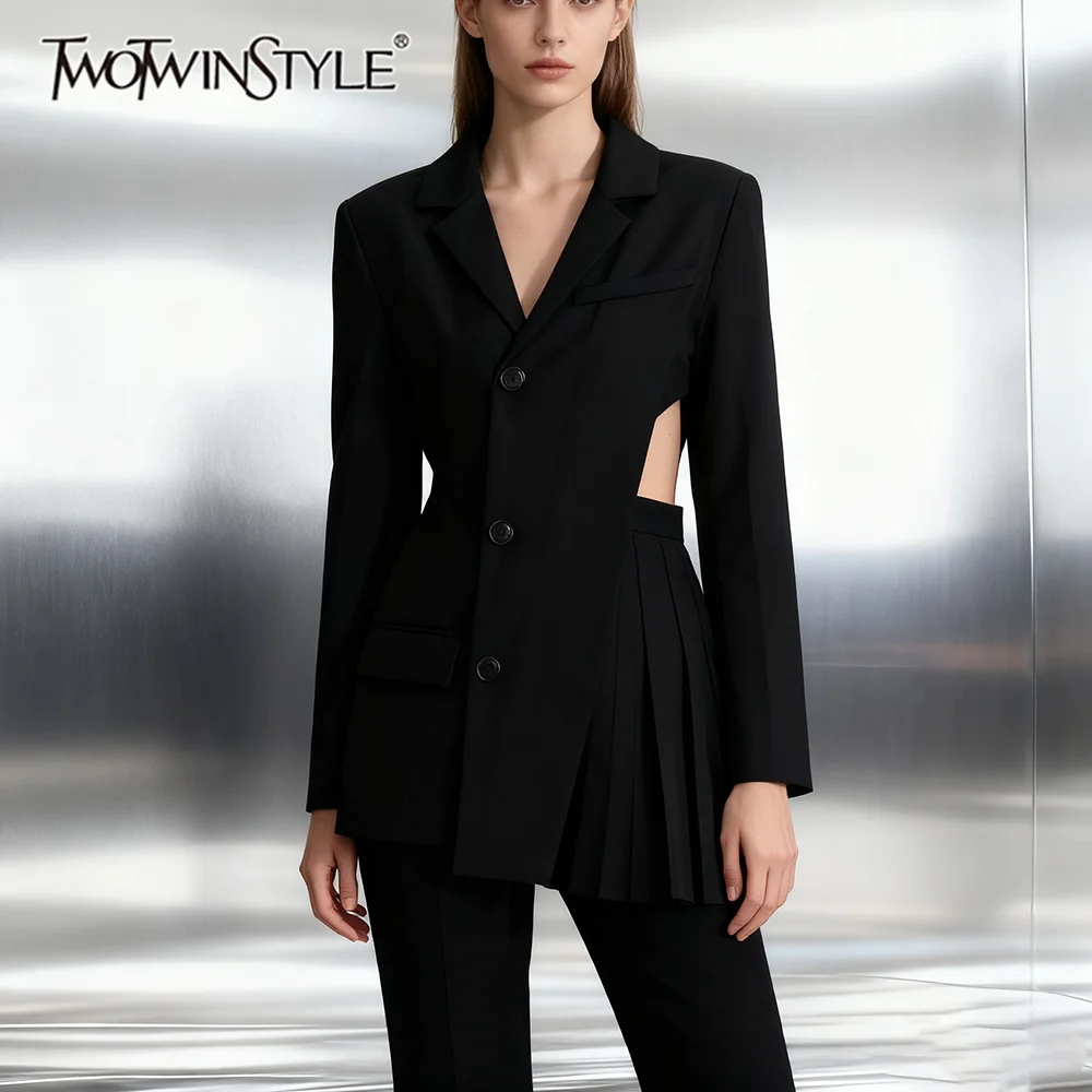 

TWOTWINSTYLE Slimming Spliced Pleating Fashion Dresses for Women Lapel Long Sleeves Tunic Hollow Out Irregular Dress Female New