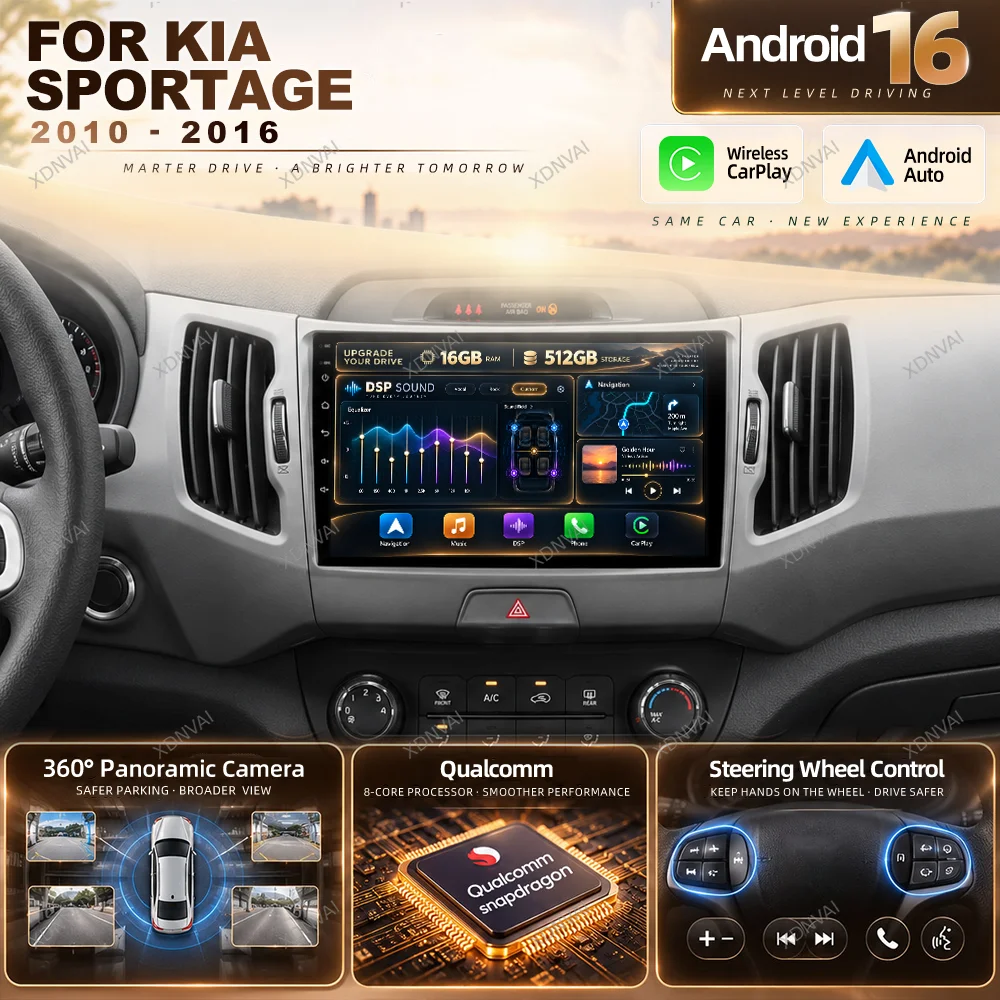Android 16 Car Radio Video Player For KIA Sportage 2010 - 2016 Multimedia Navigation Carplay BT 5G WIFI 360 Camera RDS