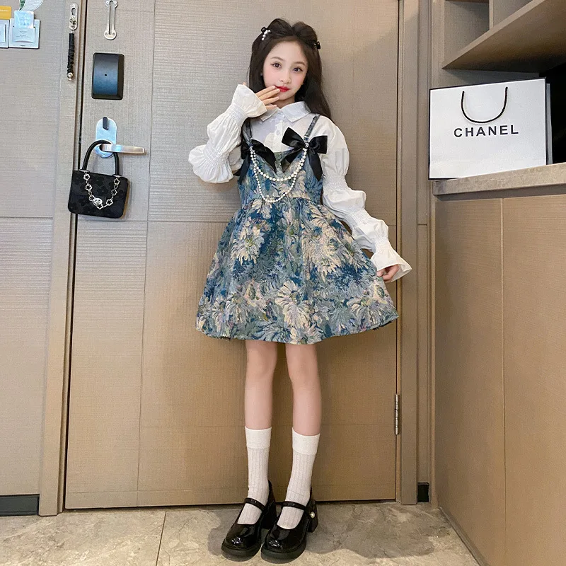 

Spring Autumn Junior Girl One Piece Dress Teenager Girl Lantern Long Sleeves Bow Pearl Patchwork Flower Dress Girl Party Dress