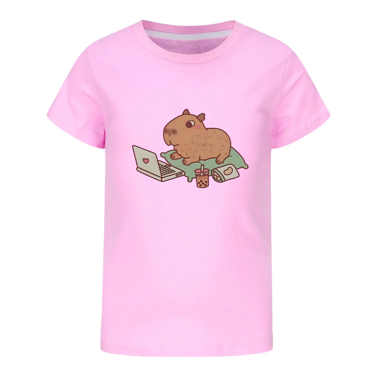Kawaii Capybara Working Hard Print Tshirt Kids Cute Cartoon Clothes Baby Girls Short Sleeve Tees Teenager Boys O-neck Loose Tops