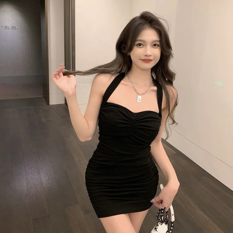 

Летнее модное эластичное тонкое талии с бретелькой на шее без рукавов сексуальное платье на бедрах для женщин