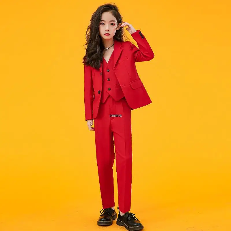 Girls Luxurious Red Photograph Suit Kids Wedding Party Dress Teenager School Performance Suit Children Piano Dance Show Costume