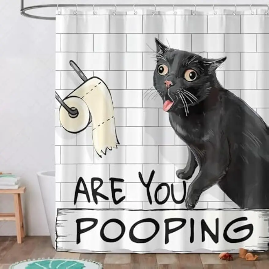 Funny Cat Bathroom Shower Curtain Novelty Decor Waterproof Humor Bath Mat Islamic Shower Liner for Kids Adult Home Use Gift Idea