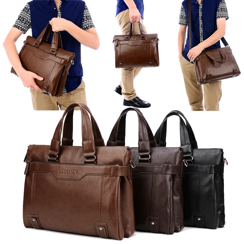 男性用ラージブリーフケースバッグ,PUレザーハンドバッグ,ショルダーストラップ,オフィスポケット,男性