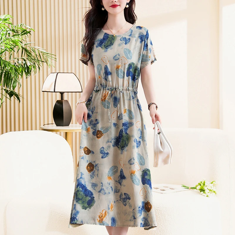 New Fashion 2024 Summer Dress Short Sleeve Print O-neck Vintage Plus Size Lady Vintage Floral Women Dress