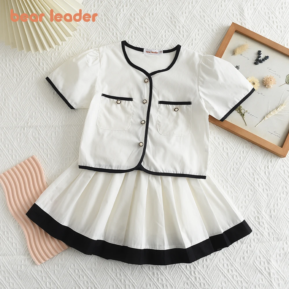 Bear Leader Girls Set 2023 New Korean Style Girls Little Fragrant Set Fashion Summer Dress College Style Pleated Dress 2pcs Set